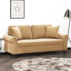 Canapea cu 2 locuri cu pernute, maro, 140 cm, catifea