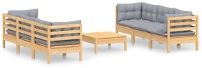Set mobilier de gradina cu perne, 7 piese, gri, lemn masiv pin Maro  si gri, 1