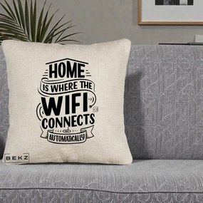 Perna Decorativa Home Is Where WiFi Connects, 40x40 cm, Bej Canapea, Husa Detasabila, Perna Inclusa, BEKZ®