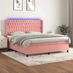 vidaXL Pat cu arcuri, saltea &amp; LED, roz, 180x200 cm, catifea