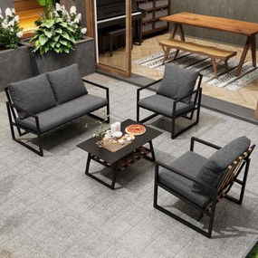 Set pentru exterior 4 piese, sticlă securizată și perne lavabile, Negru
