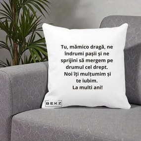 Cadou pentru Mama - Perna Personalizata Mamico Draga Te Iubim La Multi Ani cu Text Negru, 40x40 cm, Alba Mata, Husa Detasabila, Perna Inclusa, BEKZ®