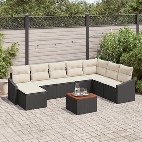vidaXL Set de canapea de grădină cu 9 piese, perne, ratan poliester negru, lemn de acacia