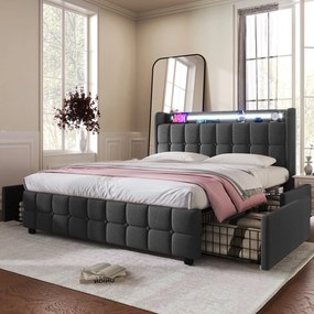 Pat cu tăblie USB și iluminare LED, 4 sertare, structură din lemn, tăblie tapițată, 140x200 cm, Gri