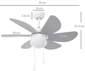 HOMCOM Ventilator de Tavan cu Lumina, 76cm, Ventilator de Tavan cu LED cu Montaj Incastrat, cu 6 Palete Reversibile, Intrerupator cu Lant, Gri si Alb