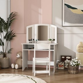 AIYAPLAY Set de Machiaj pentru Fetițe de 3-6 ani cu Oglindă Triplă Detașabilă și Scaun din Lemn, 80x49x108 cm, Alb | Aosom Romania