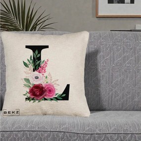 Cadou Personalizat - Perna Personalizata Monograma Florala Litera L, 40x40 cm, Bej Canapea, Husa Detasabila, Perna Inclusa, BEKZ®