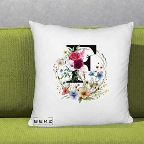 Cadou Personalizat - Perna Personalizata Monogram Litera F cu Flori Acuarela, 40x40 cm, Alb Pufos, Husa Detasabila, Perna Inclusa, BEKZ®