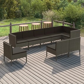 Set mobilier de gradina cu perne, 9 piese, gri, poliratan 3x colt + 6x mijloc, 1