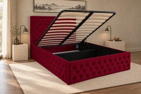 Pat tapițat Chesterfield din catifea Ophelia Deluxe 120×200 cm, vișiniu, cu ladă de depozitare