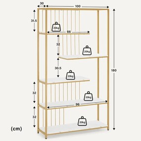 RAAU211 - Raft manichira, 100 cm pentru salon cosmetica, birou, hol, living, baie - Alb imitatie de marmura - Auriu