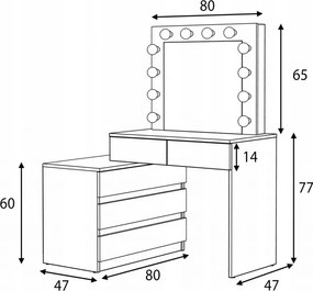 Masuta machiaj cu Oglinda LED si 5 Sertare pentru Cosmetice, Set Masa toaleta 130 cm, Alb, masuta cosmetica, vanity - SEA541