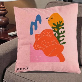 Perna Decorativa Femeie Portocalie Relaxata, 40x40 cm, Roz, Husa Detasabila, Perna Inclusa, BEKZ®