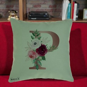 Cadou Personalizat - Perna Personalizata Monograma Rose Gold Litera P, 40x40 cm, Verde, Husa Detasabila, Perna Inclusa, BEKZ®