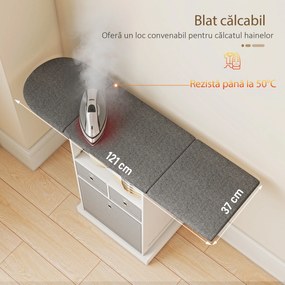 HOMCOM Dulap cu Masă de Călcat Pliabil Economisitor de Spațiu, Dulap Multifuncțional cu 3 Sertare din Material Textil Aspect In, Roți Cu Frână, Raft Deschis, pentru Băi și Spații de Rufe, 121x37x89.5 cm, Alb | Aosom Romania