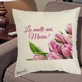 Cadou de Onomastica - Perna Personalizata La Multi Ani Maria Lalele, 40x40 cm, Ecru, Husa Detasabila, Perna Inclusa, BEKZ®
