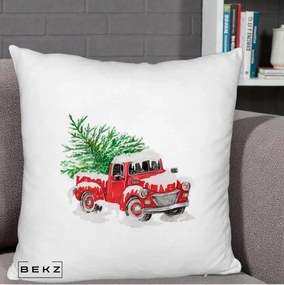 Perna Decorativa Camioneta Rosie Brad de Craciun, 40x40 cm, Alb Pufos, Husa Detasabila, Perna Inclusa, BEKZ®
