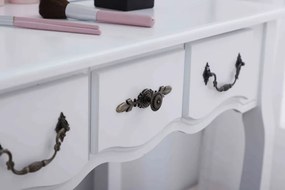RESIGILAT- Set Otilia, Masă de toaletă pentru machiaj cu scaun, oglindă și 5 sertare, Alb