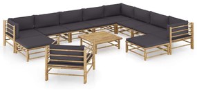 3058226 vidaXL Set mobilier de grădină cu perne gri închis, 12 piese, bambus