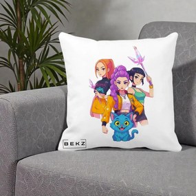 Perna Personalizata K-pop HUNTRX Trio cu Pisica si Cristale, 40x40 cm, Alba Mata, Husa Detasabila, Perna Inclusa, BEKZ®