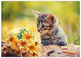 Tablou cu pisicuța uitându-se la floare (70x50 cm)