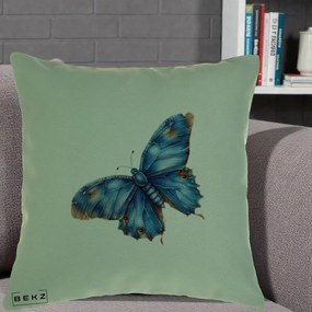 Perna Decorativa Fluture Albastru Satin cu Pete Aurii, 40x40 cm, Verde, Husa Detasabila, Perna Inclusa, BEKZ®