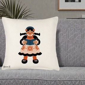 Perna Personalizata Fetita cu Carte Ilustratie Folk, 40x40 cm, Crem Reliefat, Husa Detasabila, Perna Inclusa, BEKZ®