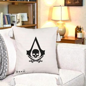 Perna Personalizata Assassin's Creed Black Flag Skull, 40x40 cm, Bej cu Franjuri, Husa Detasabila, Perna Inclusa, BEKZ®