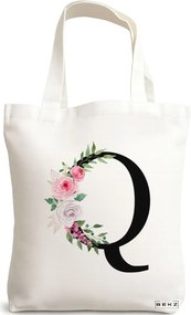 Sacosa de Panza pentru Cumparaturi, Geanta Tote, Cu litera Q si Trandafiri, 38x34.5 cm, Alba, BEKZ®