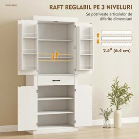 HOMCOM Dulap de bucătărie în stil country cu 2 dulapuri, 6 rafturi și un sertar, din lemn, 76x39,5x183,5 cm, alb | Aosom Romania