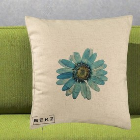 Perna Decorativa Floare Margareta Albastra Acuarela, 40x40 cm, Bej, Husa Detasabila, Perna Inclusa, BEKZ®