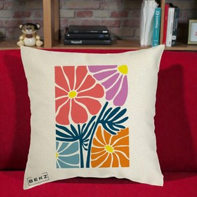 Perna Decorativa Flori Grafice Roz-Orange-Albastru, 40x40 cm, Ecru, Husa Detasabila, Perna Inclusa, BEKZ®
