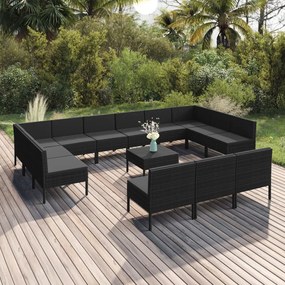 Set mobilier de gradina cu perne, 14 piese, negru, poliratan 2x colt + 11x mijloc + masa, 1