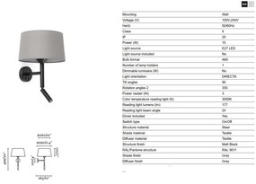 Aplica de perete cu reader LED WINDSOR negru, gri