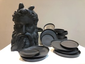 Set 3 Piese Ceramica Vulcano Negru Mat Carbon ( Farfurie Mare 25cm, Farfurie Mica 20 cm  Bol 15 cm diametru, 5cm inaltime,  400ml)