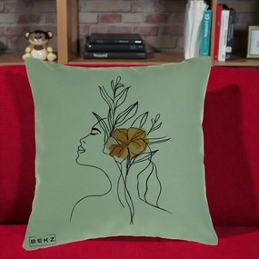 Perna Decorativa Portret Feminin Floare Portocalie Lateral, 40x40 cm, Verde, Husa Detasabila, Perna Inclusa, BEKZ®