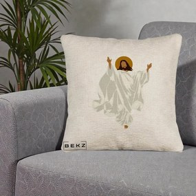 Perna Decorativa Iisus Hristos Invierea Silueta Minimalista, 40x40 cm, Bej Canapea, Husa Detasabila, Perna Inclusa, BEKZ®
