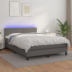 vidaXL Pat cu arcuri, cu saltea &amp; LED, gri, 140x190 cm, piele eco