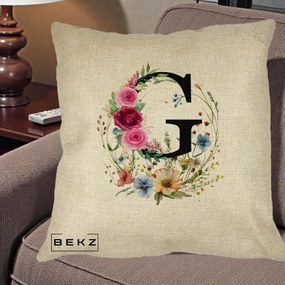 Cadou Personalizat - Perna Personalizata Monogram Litera G cu Flori Acuarela, 40x40 cm, Crem, Husa Detasabila, Perna Inclusa, BEKZ®