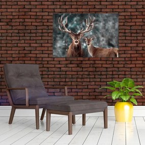 Tablou - Cerb și căprioare în pădurea înzăpezită (90x60 cm)