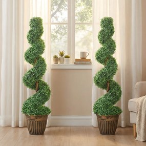 HOMCOM Set 2 plante artificiale buxus spiralate, 120 cm, cu ghiveci inclus, pentru decor interior și exterior, verde | Aosom Romania