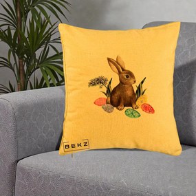 Perna Decorativa Iepuras cu Oua de Pasti Acuarela, 40x40 cm, Galben, Husa Detasabila, Perna Inclusa, BEKZ®