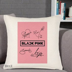 Perna Personalizata K-pop BLACKPINK Semnaturi Roz, 40x40 cm, Crem Reliefat, Husa Detasabila, Perna Inclusa, BEKZ®