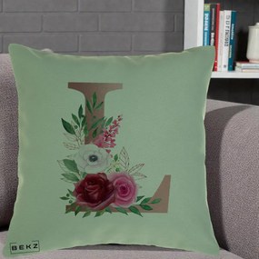 Cadou Personalizat - Perna Personalizata Monograma Rose Gold Litera L, 40x40 cm, Verde, Husa Detasabila, Perna Inclusa, BEKZ®