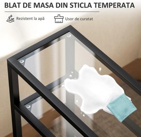 HOMCOM Măsuță de Cafea cu 3 Rafturi din Sticlă și Oțel 40x18x62 cm Negru | Aosom Romania