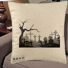 Perna Decorativa Halloween Cimitir Acuarela cu Dovleac, 40x40 cm, Bej, Husa Detasabila, Perna Inclusa, BEKZ®