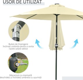 Outsunny Umbrelă de Grădină Inclinabilă Ø265 cm cu 32 Lumini LED Solare și Manivelă, Umbrelă de Exterior cu 8 Spițe, din Oțel, Poliester, pentru Terasă, Curte, Balcon, Bej | Aosom Romania