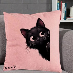 Perna Decorativa Pisica Neagra Dragalasa Curioasa, 40x40 cm, Roz, Husa Detasabila, Perna Inclusa, BEKZ®