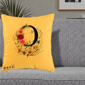 Cadou Personalizat - Perna Personalizata Monogram Litera O cu Flori Acuarela, 40x40 cm, Galben, Husa Detasabila, Perna Inclusa, BEKZ®