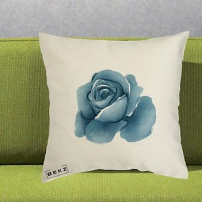 Perna Decorativa Trandafir Albastru Acuarela, 40x40 cm, Ecru, Husa Detasabila, Perna Inclusa, BEKZ®